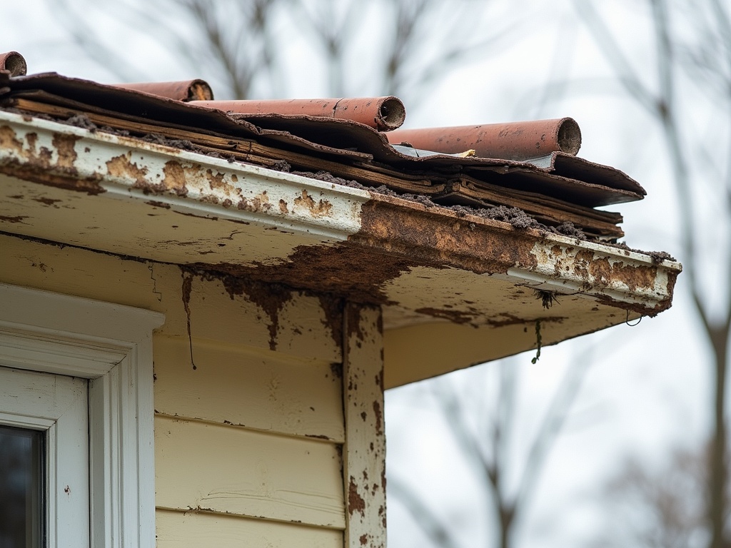 Damaged soffit panels showing water damage and rot requiring professional repair