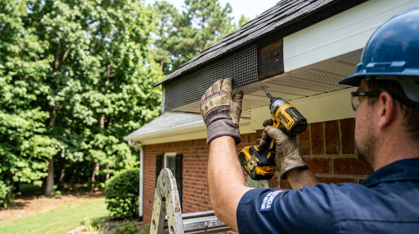 Wildlife exclusion work on Washington home — sealing soffit and fascia entry points